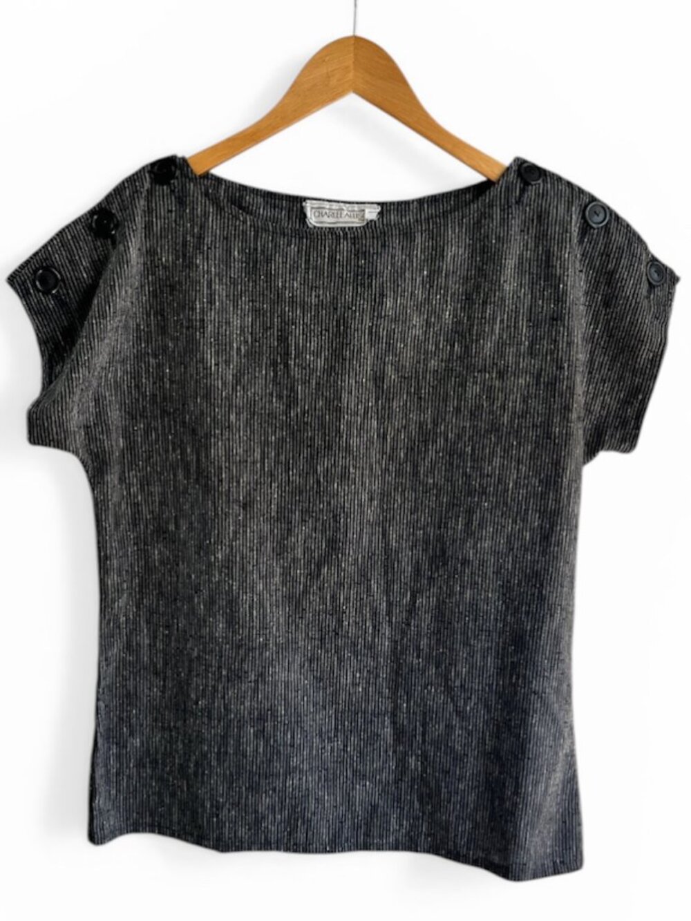 Vintage Charlee Allison Gray and Black Top with Button-Detail Cap Sleeves